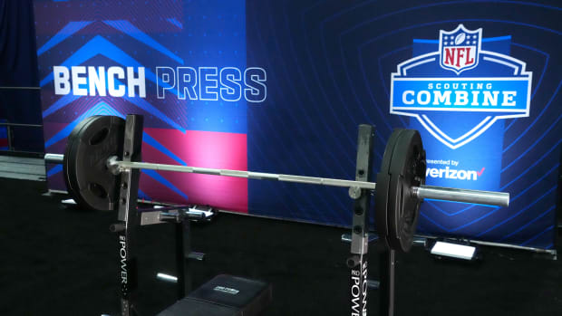 Mar 1, 2022; Indianapolis, IN, USA; The Bench Press station at the NFL Combine at the Indiana Convention Center. Mandatory Credit: Kirby Lee-USA TODAY Sports